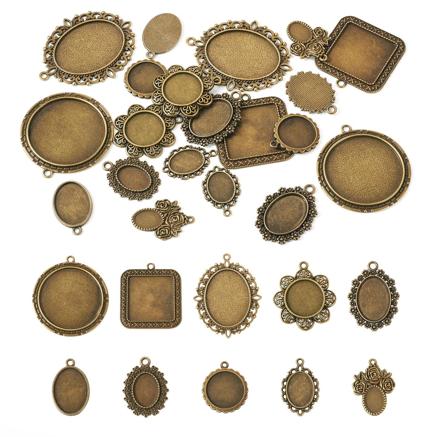 Bestewelry 20Pcs Bezel Pendant Trays 10 Styles Vintage Cabochon Bezel Settings Trays Charms Tibetan Style Oval Trays Pendant Blanks for DIY Crafts Photo Necklace Jewelry Making