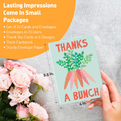 Sweetzer & Orange S&O Funny Thank You Cards – 24 Punny Blank Cards with Envelopes – 6 Cute Card Design – 4x5.5 Appreciation Note Cards – Glossy Outside, Matte Inside – Pink, Green & Yellow Envelopes