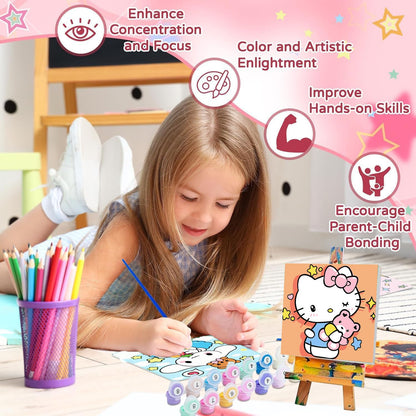 Sretoul 4 Pack Cartoon Paint by Numbers Kit for Kids with Frame - Wooden Easel, Cute Kids Paint by Numbers Ages 4 8 12, DIY Acrylic Oil Painting for Home Wall Decor (8x8 inch)