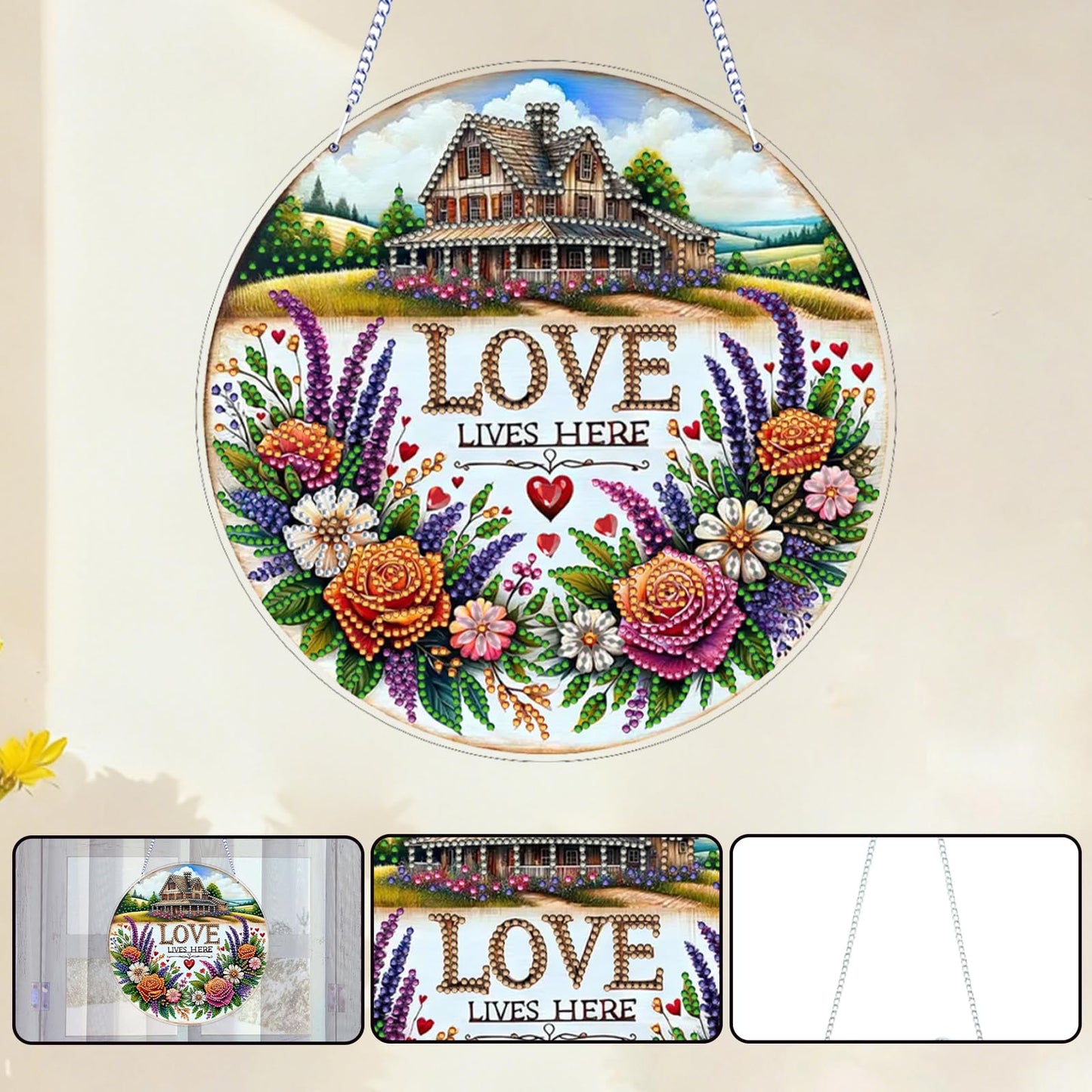 5D Diamond Painting Kit for Adults, DIY Hanging Flower Suncatcher Pendant - Crystal Rhinestone Art with Gift Box, Home Window Ornament, Double Sided (Flower House)