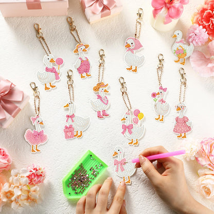FairySandy 20 Pcs Silly Goose Diamond Painting Keychains Pink Bow Goose Diamond Key Chain Kits for Adults 5d Single Side Cute Farm Animal Hanging Ornament for Beginners DIY Crafts Party