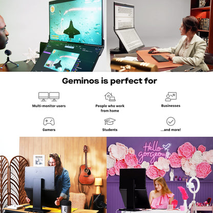 Mobile Pixels Geminos (2 x 24 inch) IPS Dual Stacked Computer Monitors with 65W USB-C Charging, 1080P Webcam&Speakers, All-Inclusive Workstation PC Monitor, USB-A/USB-C/HDMI, Ergo Design(2 Monitors)