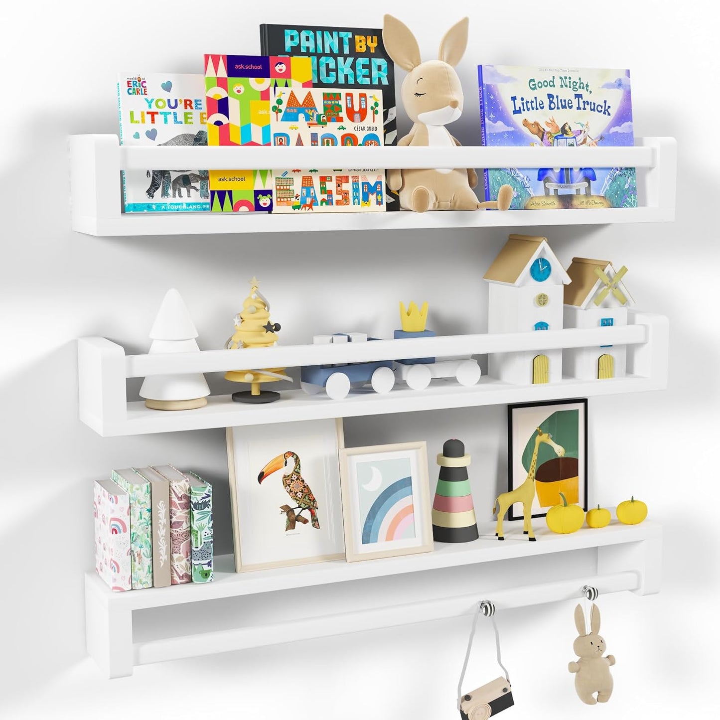 Heimlove 32 inch Set 3 Nursery Floating Shelves, Solid Wood Nursery Book Shelves for Wall, Bookshelf for Kids, Wall