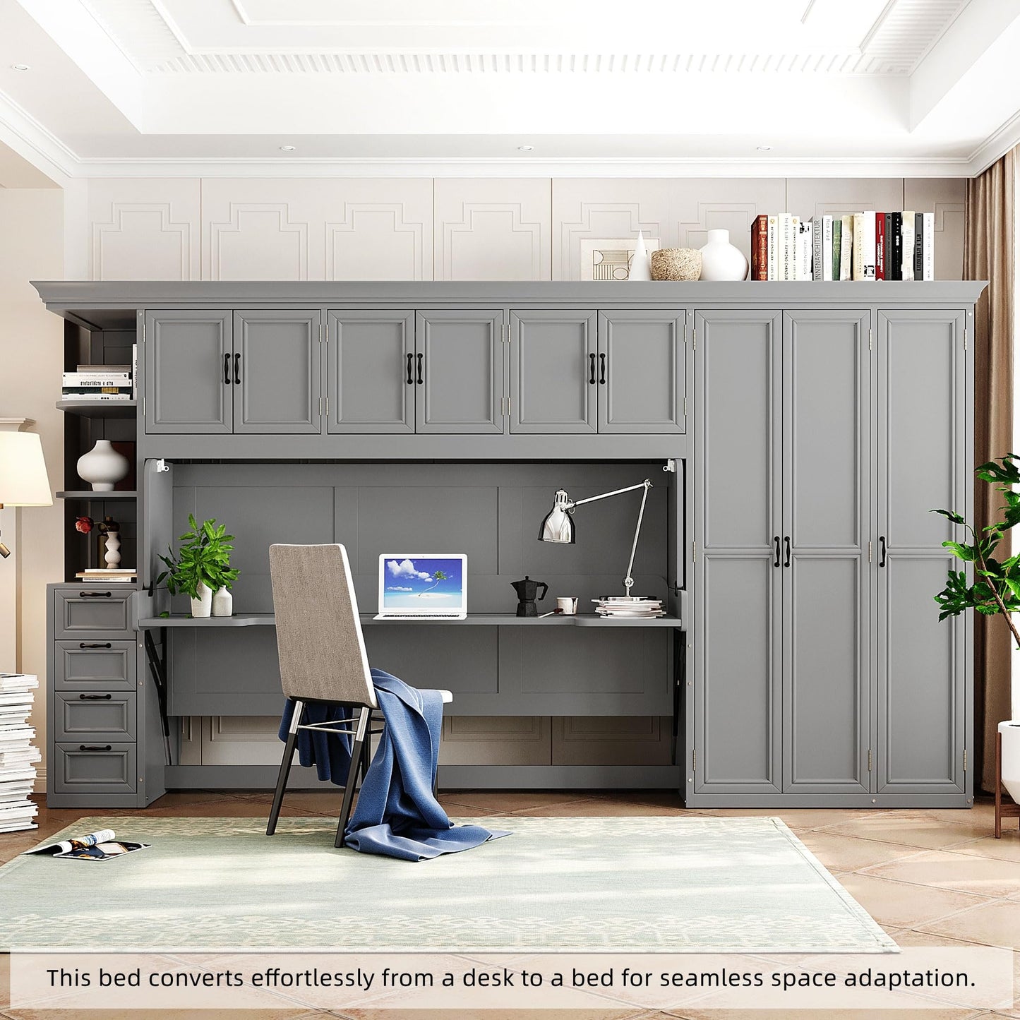 Merax Twin Size Murphy Bed with Desk, Multifunctional Wood Foldable Wall Bed with Wardrobe, Drawers and Cabinet, Space-Saving Hidden Bed for Guest Room Office, No Box Spring Needed, Grey