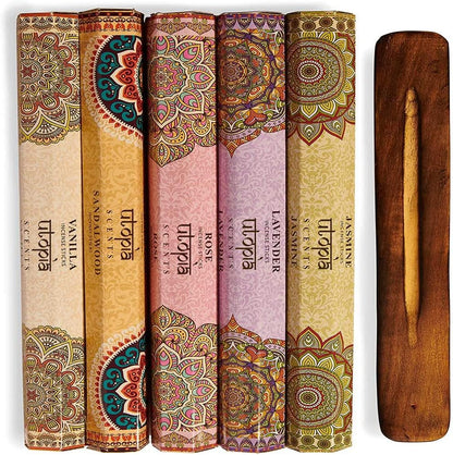 Premium Quality Incense Sticks Variety Gift Pack, 75 Sticks: Lavender, Sandalwood, Jasmine, Vanilla, Rose Aroma, Free