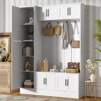 Shaical 79'' Tall Hall Tree with Shoe Storage and Bench, 4-in-1 Mudroom Storage Organizer Coat Rack with 6 Cabinets, 4 Coat Hooks & Adjustable Shelf for Hallway, Entryway, Living Room, White
