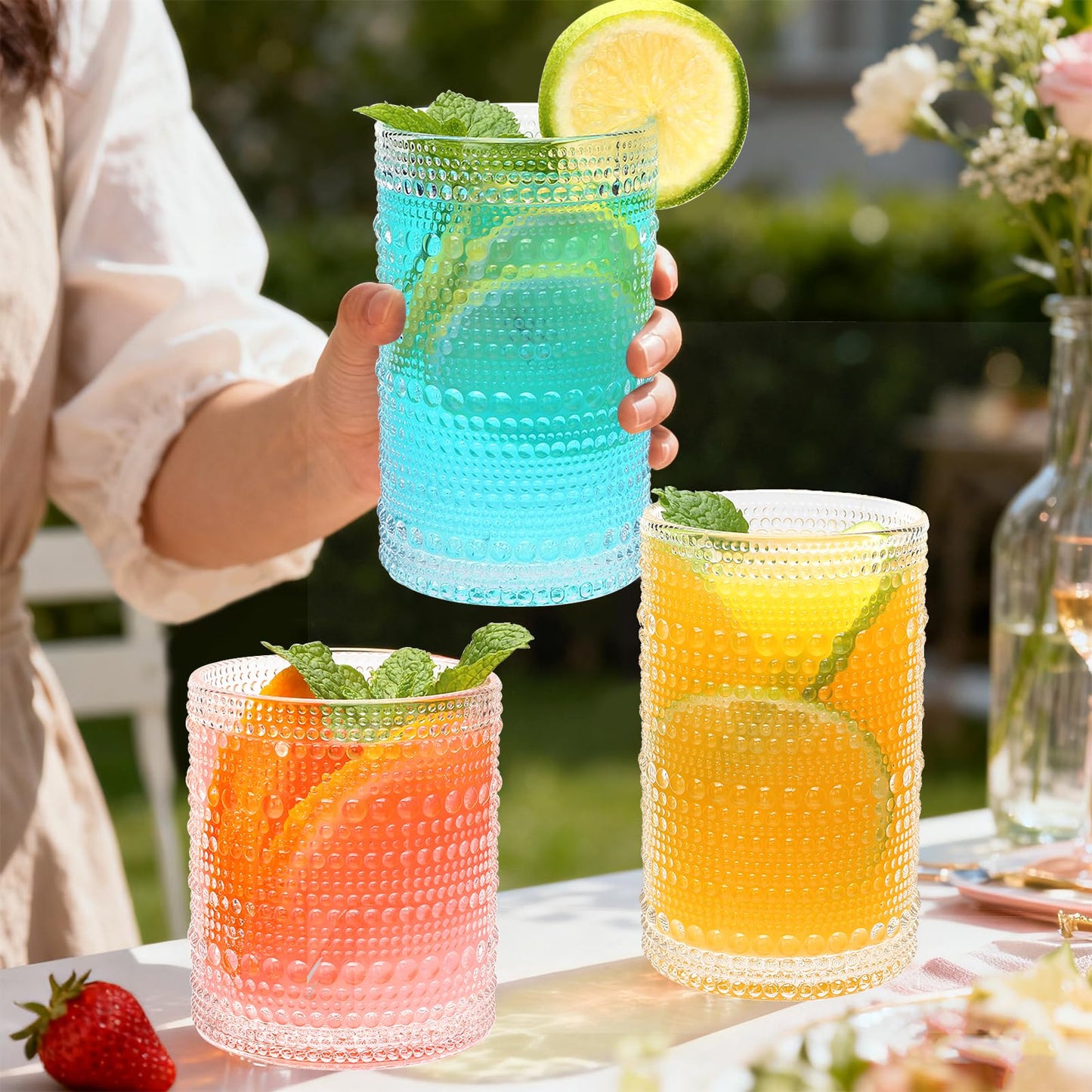 Woaiwo-q Embossed Highball Glasses Set of 12, 10 oz Thick Base Cocktail Drinking Glasses, 12 oz Clear Glassware Set, Glass Cups for Whiskey, Juice, Water, Home Bar & Kitchen, Dishwasher Safe
