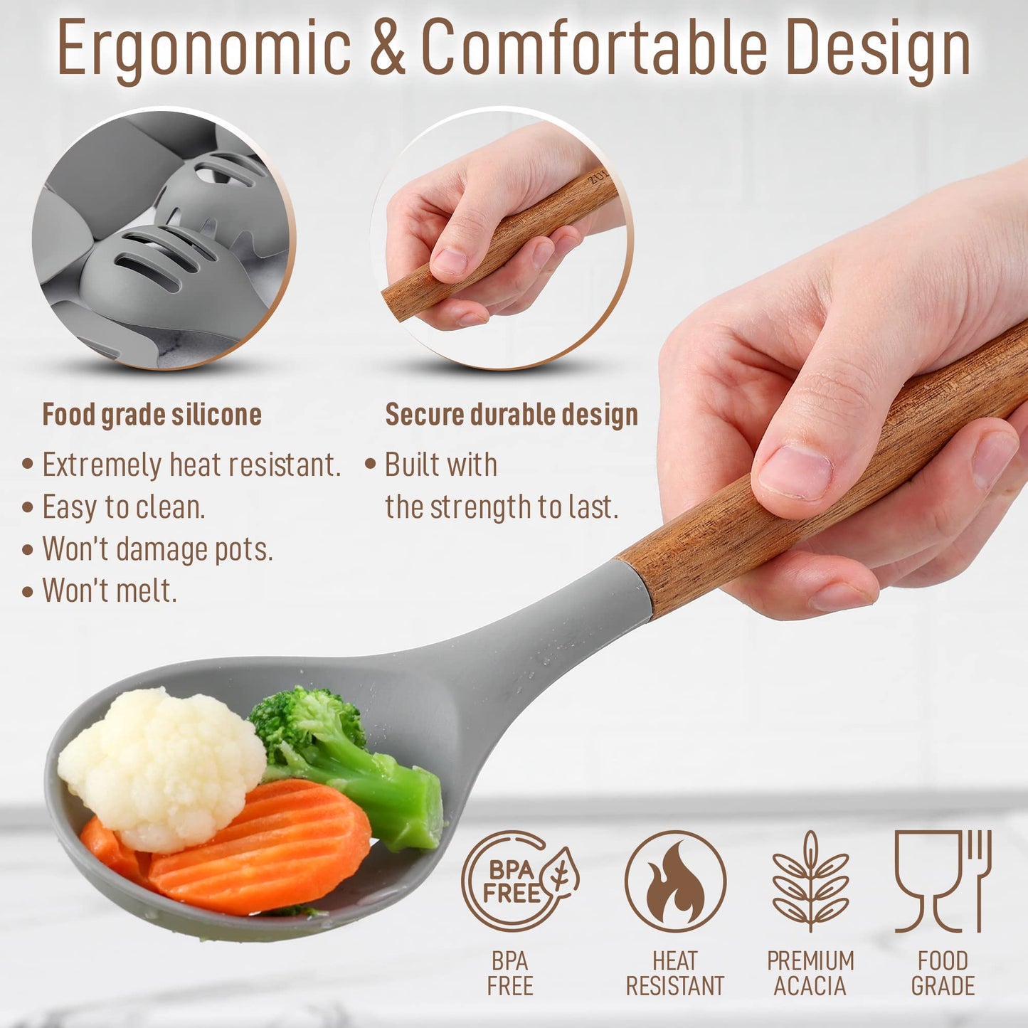 Zulay Kitchen Utensils Set Non-Stick Silicone Cooking Utensils Set with Authentic Acacia Wood Handles - 8 Piece Set - Silicone Kitchen Utensils Set with 464°F Heat Resistance - Gray