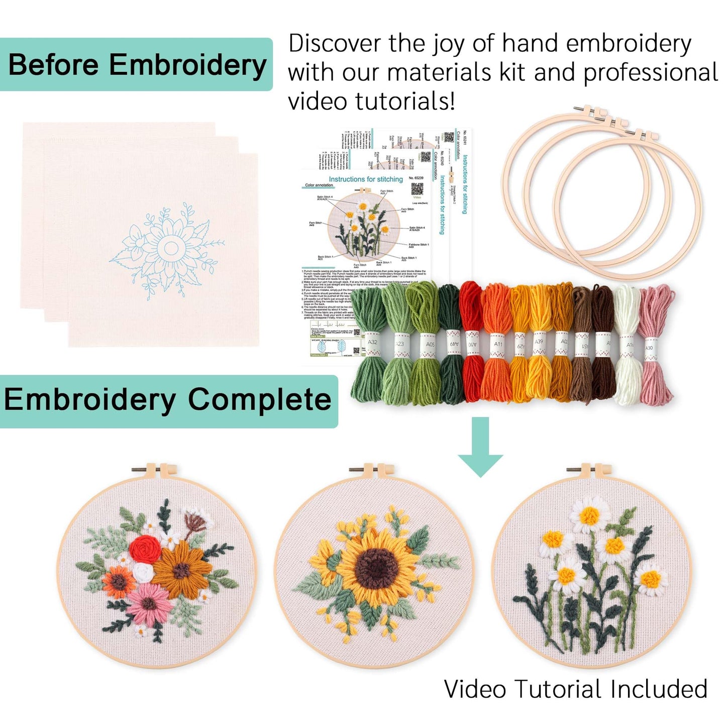 REEWISLY Punch Needle Embroidery Starter Kits for Beginners Flower and Grass Patterns.3Ps Embroidery Hoops,Color Threads,Instructions and Needles,DIY Adults Embroidery, Video Teaching