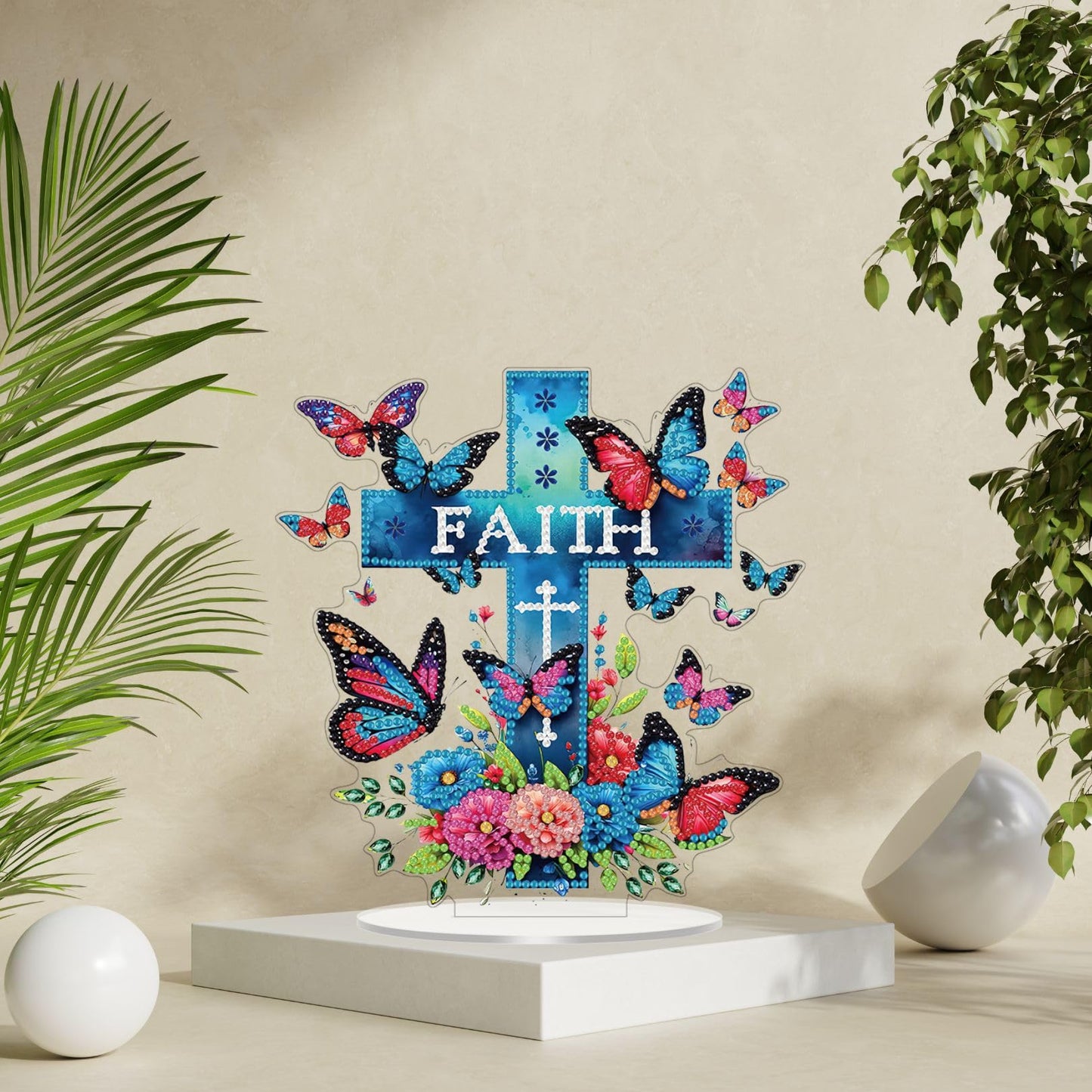 Bloomthread Faith Cross Religious Easter Day Diamond Art Painting Kit, Speical Shaped Rhinestone Desktop Ornament Single Sided, Diamond Painting Stand for Adult Beginner (Blue Cross and Butterfly)