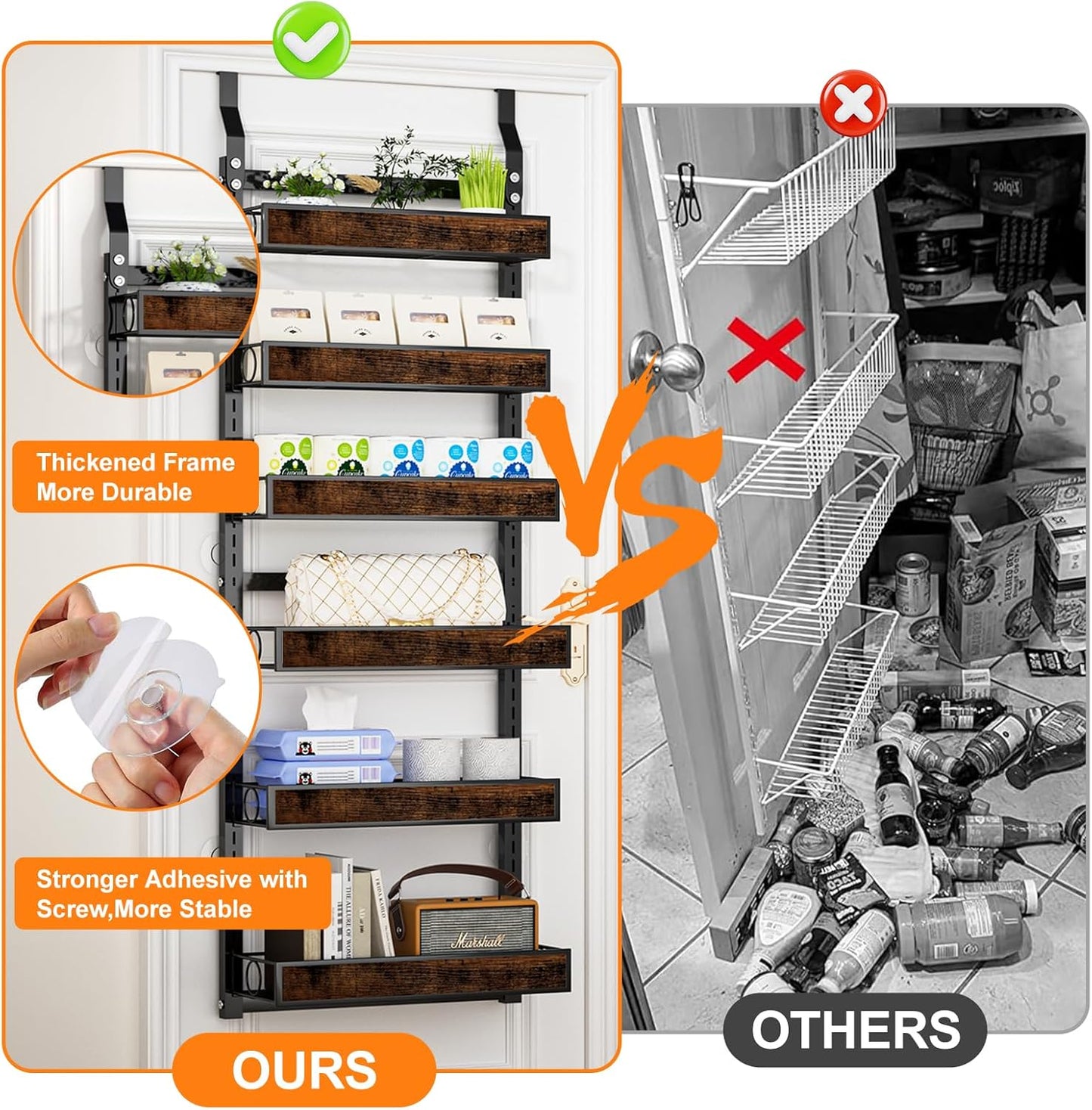 6 2 1 Tier Over The Door Pantry Orangizer IN Wall Mounted or Hanging Spice Rack with Adjustable Wood Basket,Heavy Duty