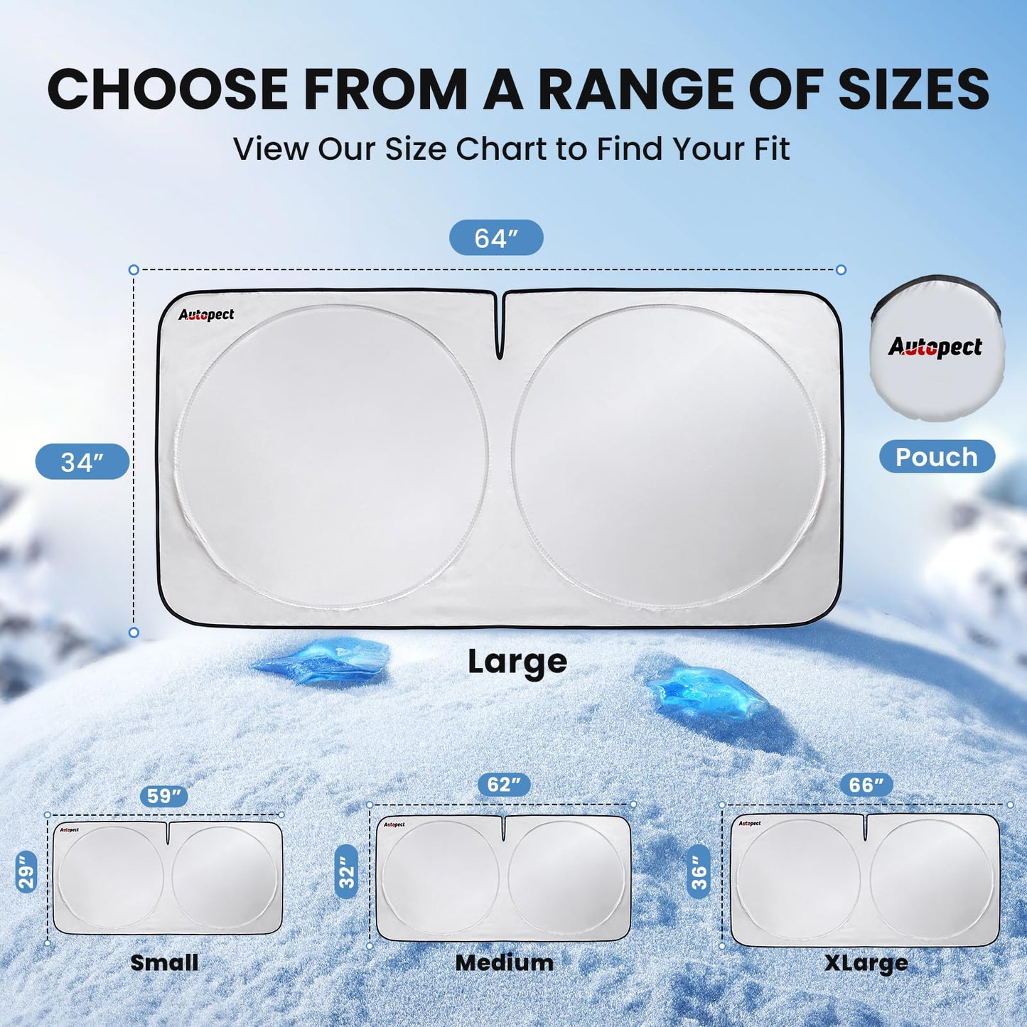 Windshield Sun Shade, Reflective Sunshade for Car Windshield with Mirror Cut-Out, Blocks 99% UV Rays & Keeps Vehicle Cool, Fits Cars, Trucks, SUVs & Vans, Fade-Resistant, (Large)