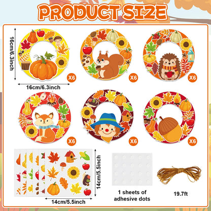 36 Sets Fall Animal Wreath Craft Kits DIY Autumn Scarecrow Pumpkins Paper Wreath Hanging Ornaments Make Your Own Thanksgiving Paper Art Craft with Stickers for School Home Party Decor Activities