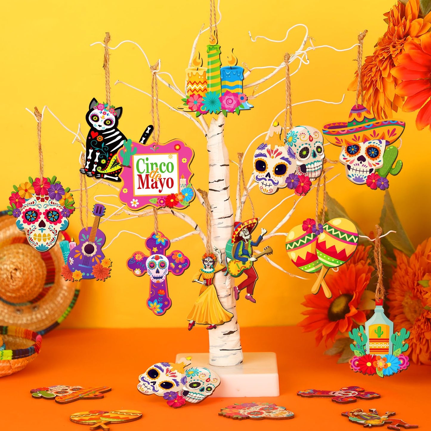 Soaoo 36 Pcs Day of The Dead Ornaments for Tree Dia De Los Muertos Decorations Mexican Theme Cat Skeleton Wood Sign Halloween Ornament Skulls for Crafts Hanging Decor Fiesta Festival Party Gift