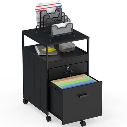 SHW Box File Rolling Mobile Cabinet with Open Shelf and Lockable Drawer, Black