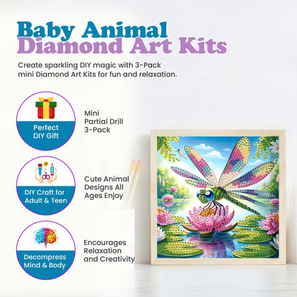 Modern Merch Small Diamond Art Packs Owl Octopus & Dragonfly, Animal Diamond Dots for Adults, Jewel Art Painting Kits, Mini Gem Arts and Crafts for Adults, Round Drill 3 Pack Partial Drill
