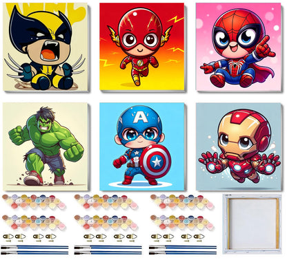 CraftyTime 6 Pack Framed Paint by Numbers Kit for Kids- Cartoon Painting Kits for Kids Ages 4-8-12, Cartoon Easy Paint by Numbers with Frame 8x8 Inch