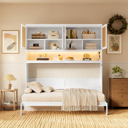 Merax Twin Murphy Bed Frame with Top Cabinet, Multi Storage Shelves & 4 Ratten Doors, 2-in-1 Bed Desk Space Saving Foldable Wall Bed with Light & USB Charging Ports, White