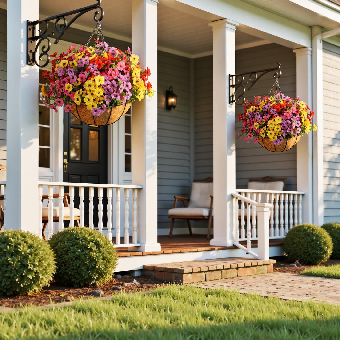 Wanderroot Artificial Outdoors Flowers with Hanging Basket, UV Resistant Fake Hanging Flowers, Faux Silk Plants with Planters for Porch Home Patio Balcony Yard (Rose Red, Purple, Yellow, Red)