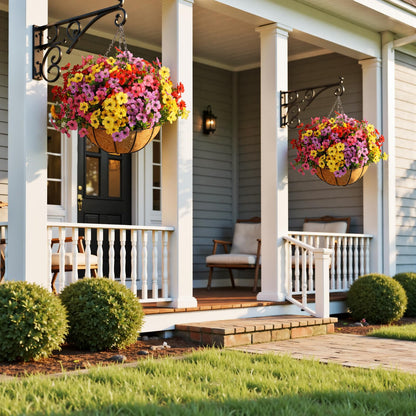 Wanderroot Artificial Outdoors Flowers with Hanging Basket, UV Resistant Fake Hanging Flowers, Faux Silk Plants with Planters for Porch Home Patio Balcony Yard (Rose Red, Purple, Yellow, Red)