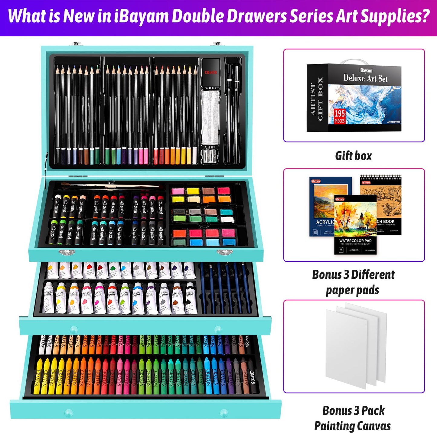 iBayam Arts and Crafts Kits for Adult, 195-Pack Deluxe Art Set Box with 3 PCS Drawing Pads, Canvases, Acrylic Painting, Drawing & Art Supplies for Pumpkin, Halloween, Christmas