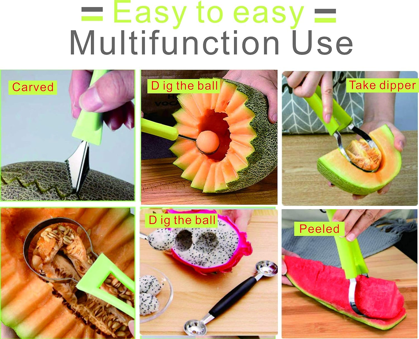 DIANCHU 2 Pieces Melon Baller Scoop Set - 4 In 1 Stainless Steel Fruit Tool Set for Melon Baller, Carving Knife, Seed