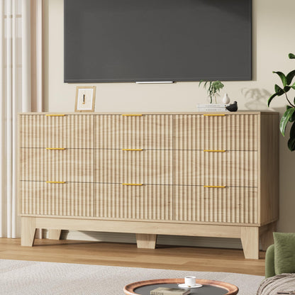 Garvee 9 Drawer Dresser for Bedroom, 59" Wide Fluted Chest of Drawers with Metal Handle, Modern Wooden Dresser TV Stand, Clothes Storage Organizer Wood Closet for Hallway, Entryway, Natural Oak