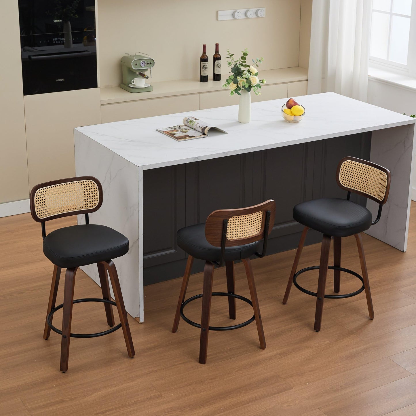 KEIKI Set of 3 Counter Height Bar Stools - 26 inch Rattan Counter Height Stools with Cane Back, Upholstered Seat, Walnut Craftsmanship, Swivel Counter Stools for Kitchen/Counter/Bar, Walnut, Black