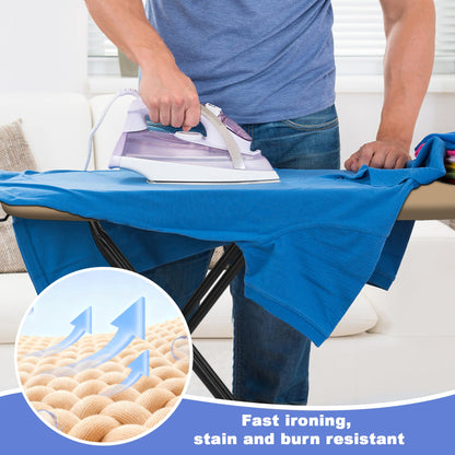 HLILBTE Ironing Board, Compact Ironing Board 13x43 Ironing Area with Extra Thick Heavy Duty Padded Cover, Stable Structure, Easy to Fold,Iron Mat, Brown