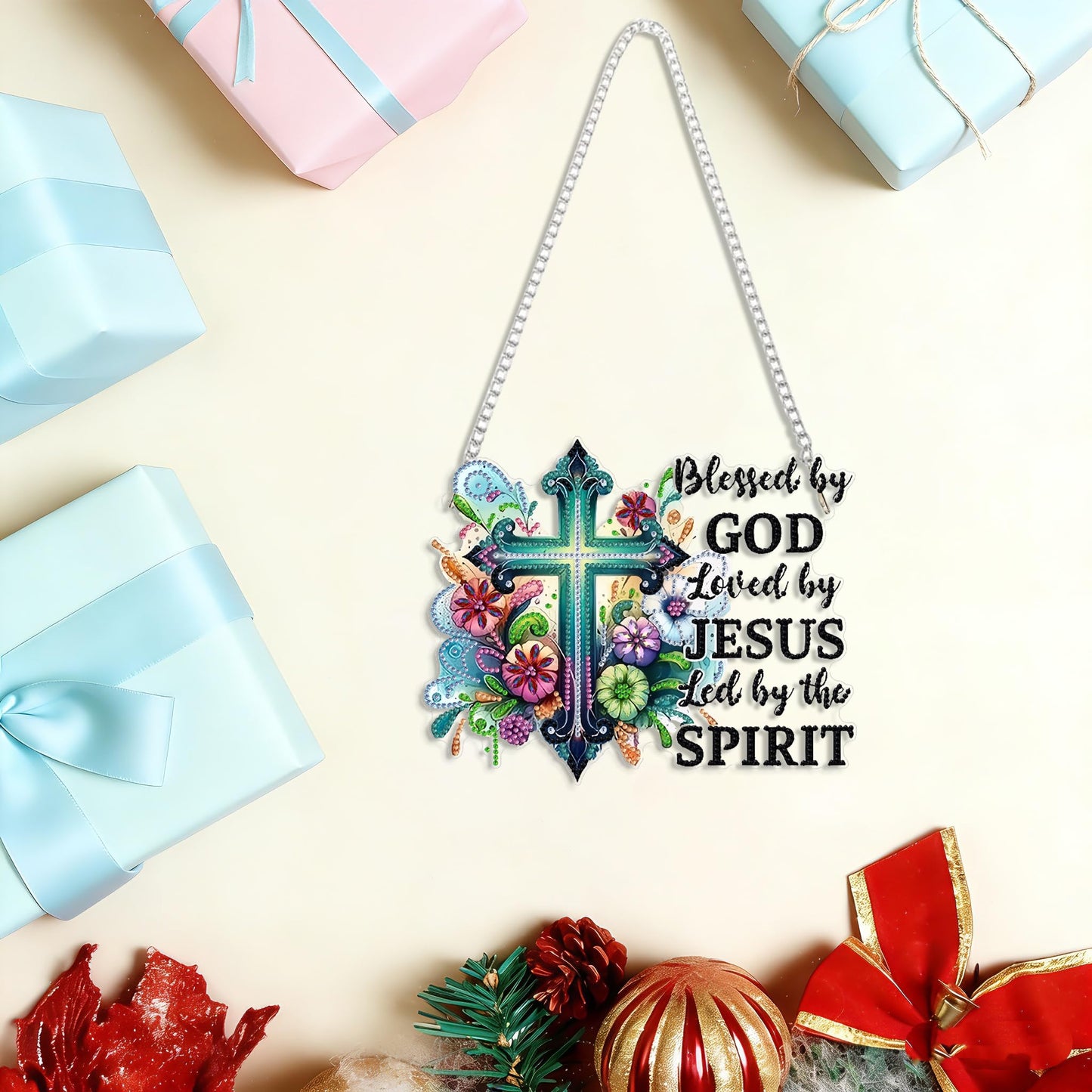 LPDJITO Flower Cross Pendant Diamonds Art kit for Adult,DIY Cross Pendant Diamonds Painting Art Kit, Acrylic Diamonds Painting Board Kit Ornament, Special Crystal Diamond Hanging Ornament Flowers