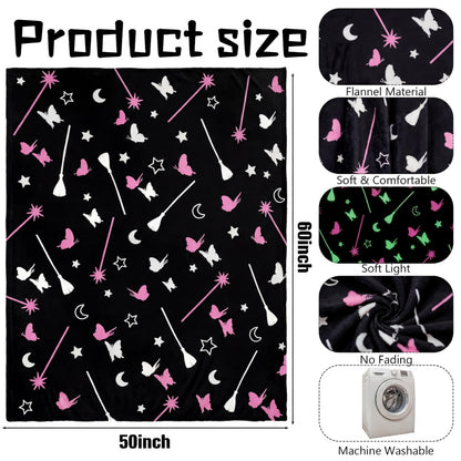 Hillsuren Glow in the Dark Witch Theme Blanket Black Broom Pink Magic Wand Flannel Throw Blanket 50 x 60 Inch for Girls Fun Sofa Bed Gift Decoration
