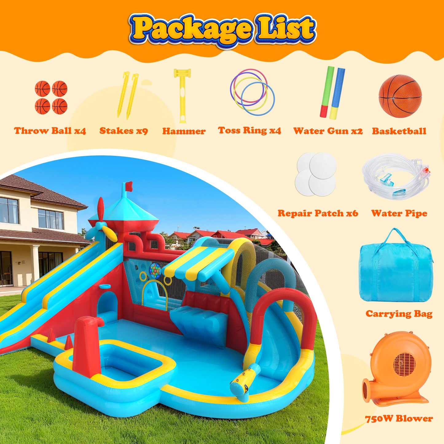 Inflatable Bounce House with Double Slide, Water Slide with Jumping Area, 10 in 1 Large Bounce Castle, Splash Pool, Climbing Wall, Toy Stand, Water Cannon, Basketball, Tunnel, Outdoor, Indoor, Blue