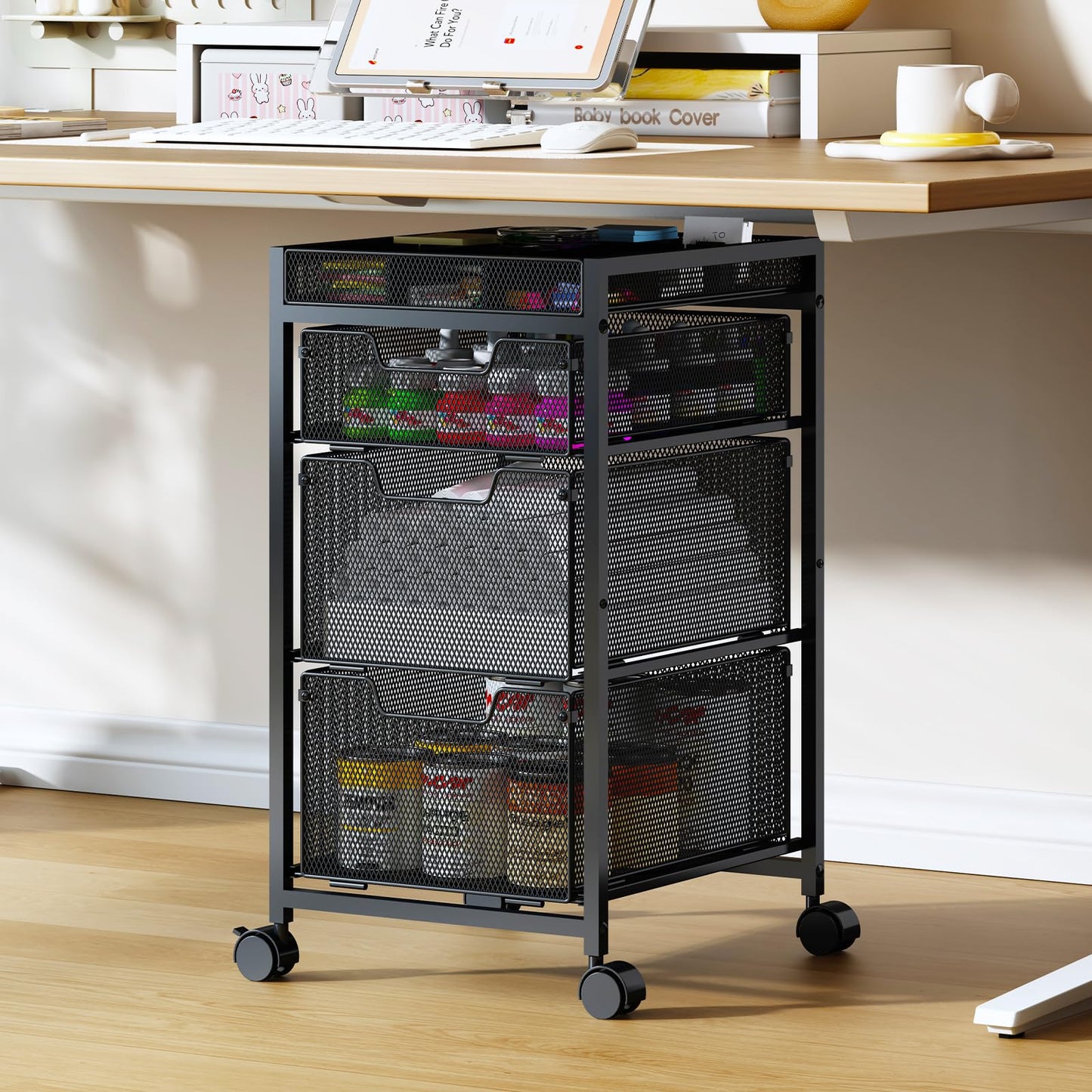 Rolling Utility Cart with 3 Drawers, Craft Organizer and Storage with DIY Divider, Lockable Wheels, Multi-Functional Storage for Art Supplies, Store for Brushes & Paints & Small Parts(Patent Pending)