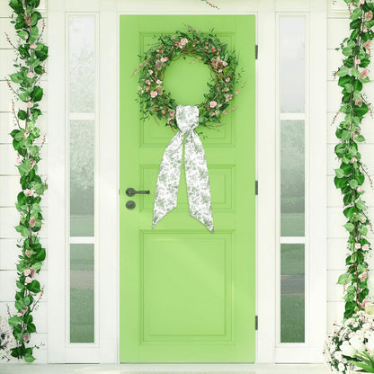 Whaline Green Flower Wreath Sash - Chinoiserie Floral Garland Ribbon for Holiday Decor | 2 Pcs