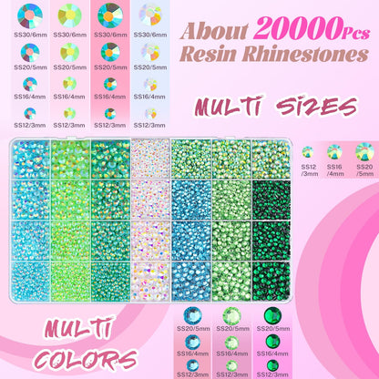 20000Pcs Green Rhinestones for Bedazzling with B7000 Jewelry Glue, Resin Rhinestones for Crafting Crafts DIY, Bedazzler Kit Gems for Clothing Shoes Tumblers Fabric Nail Art Assorted Size 3/4/5/6mm