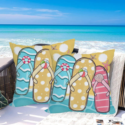 2 Pack Waterproof Summer Throw Pillow Covers 24x24 Inch, Blue Ocean Sea Sand Flip Flops Tropical Beach Decor