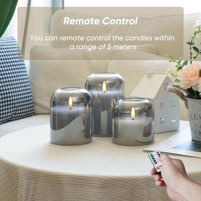 Homemory Glass Flameless Candles, Battery Operated Plliar Candles Realistic Flickering, LED Electric Light with Remote and Timer for Home, Christmas Decoration, Gray, Set of 3
