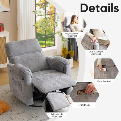 Rhevoy 24" Extra Wide Swivel Rocker Recliner Chair with Adjustable Headrest, Oversized Power Rocker Recliner with Overstuffed Armrest, Chenille Rocking Chair Nursery with USB Ports, Grey