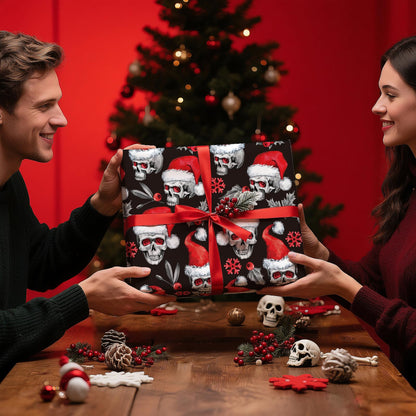 WRAPAHOLIC Skull Christmas Wrapping Paper - Mini Roll - 17 Inch x 16.5 Feet - Holly and Santa Hat Skull Wrapping Paper for Christmas, Halloween, Holiday, Party Celebration