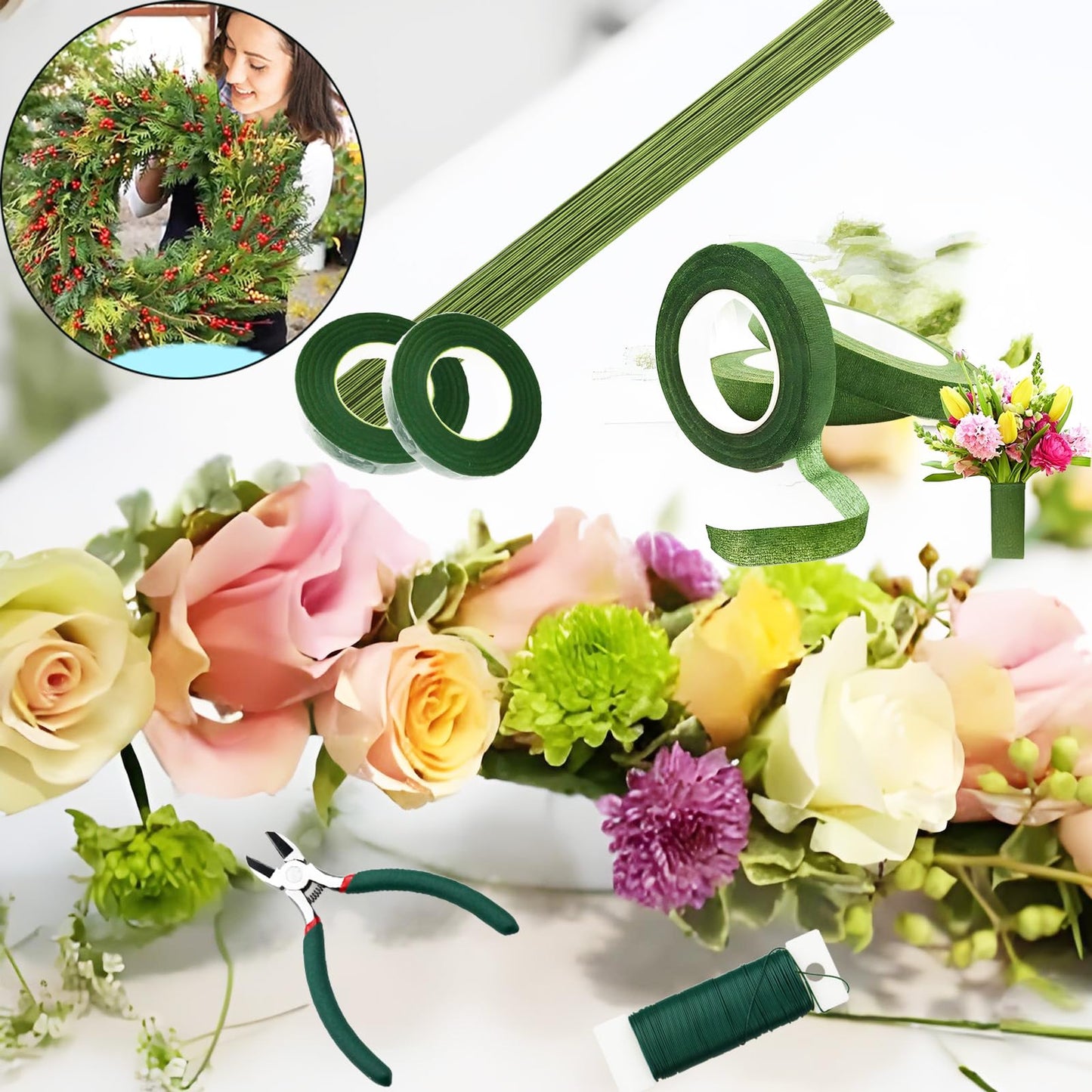 Floral Tape and Flower Stems Arrangement Tools Kit, 1pcs Gardening Cutter, 18 Gauge Stem Wire and 22 Gauge Paddle Wire for Bouquet Stem Wrapping and Floral Crafts