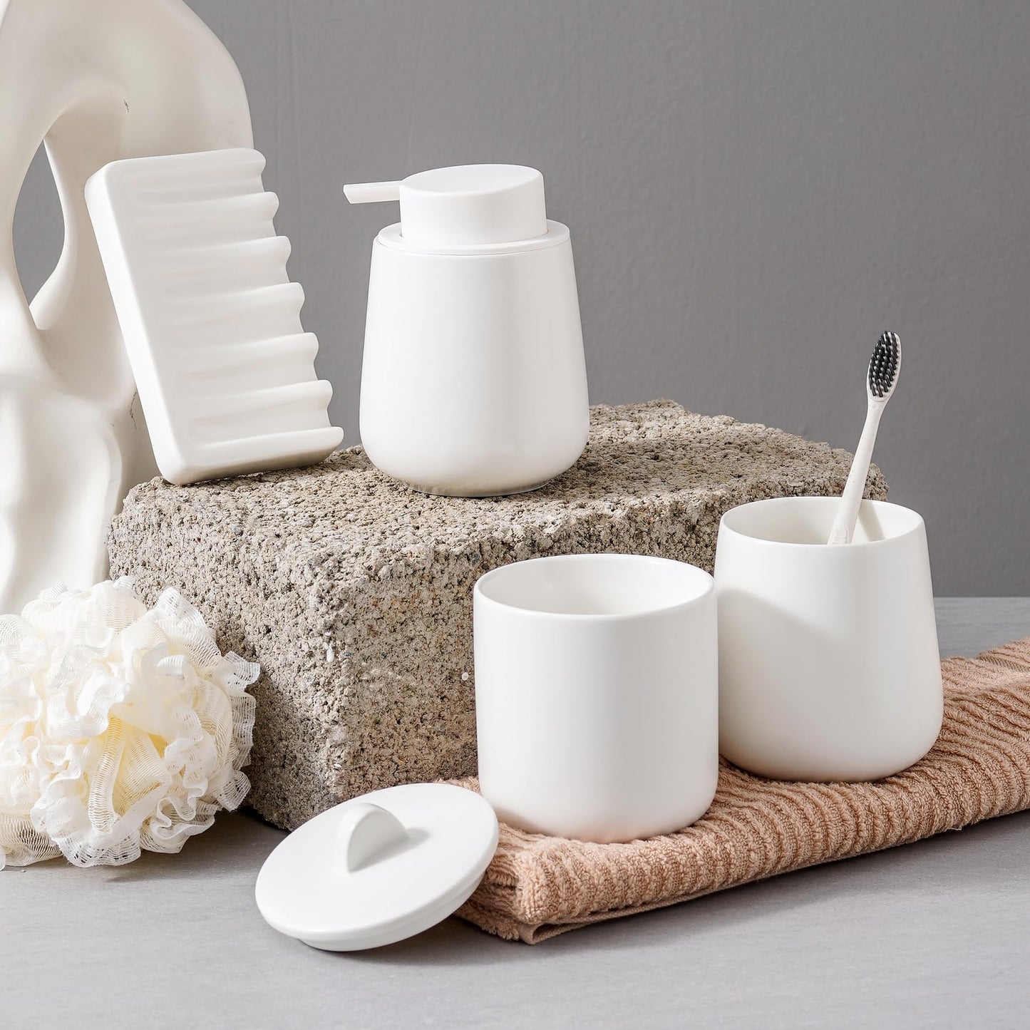 Agyiuns Ceramic Bathroom Accessories Set, Lotion Soap Dispenser and Toothbrush Holder Set, Soap Dish, Apothecary Jars,4 Pieces for Home Modern Bathroom Decor Vanity Countertop(White Set - Liquid)