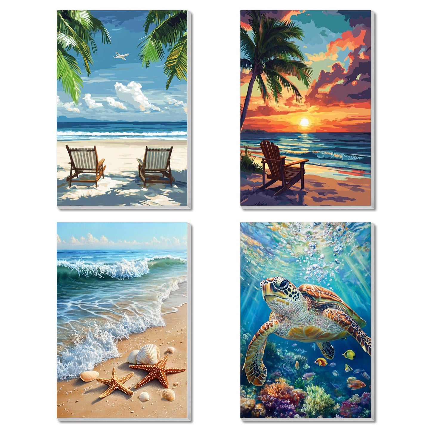 4 Pack Framed Paint By Numbers Kit for Adults Beginner Beach Adult Paint By Number Kits on Canvas Sea Turtle Painting By Numbers for Adults with Frame Diy Painting Kits for Home Wall Art 8x12 Inch