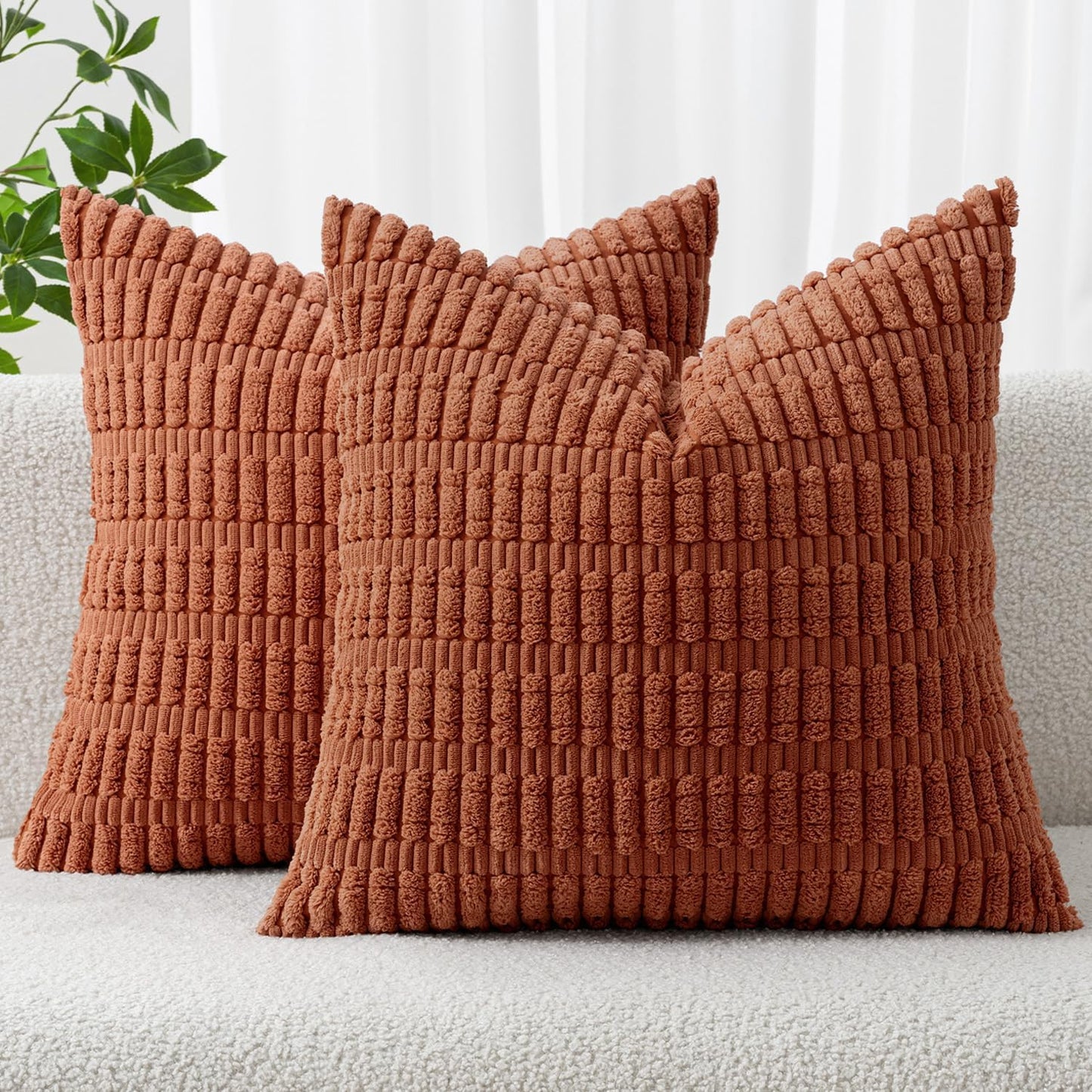MIULEE Decorative Pillow Covers - Soft Dark Rust Corduroy | Pack of 2, 20x20 Inch, Boho Striped Design for Modern Farmhouse Decor
