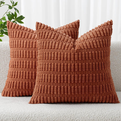 MIULEE Decorative Pillow Covers - Soft Dark Rust Corduroy | Pack of 2, 20x20 Inch, Boho Striped Design for Modern Farmhouse Decor