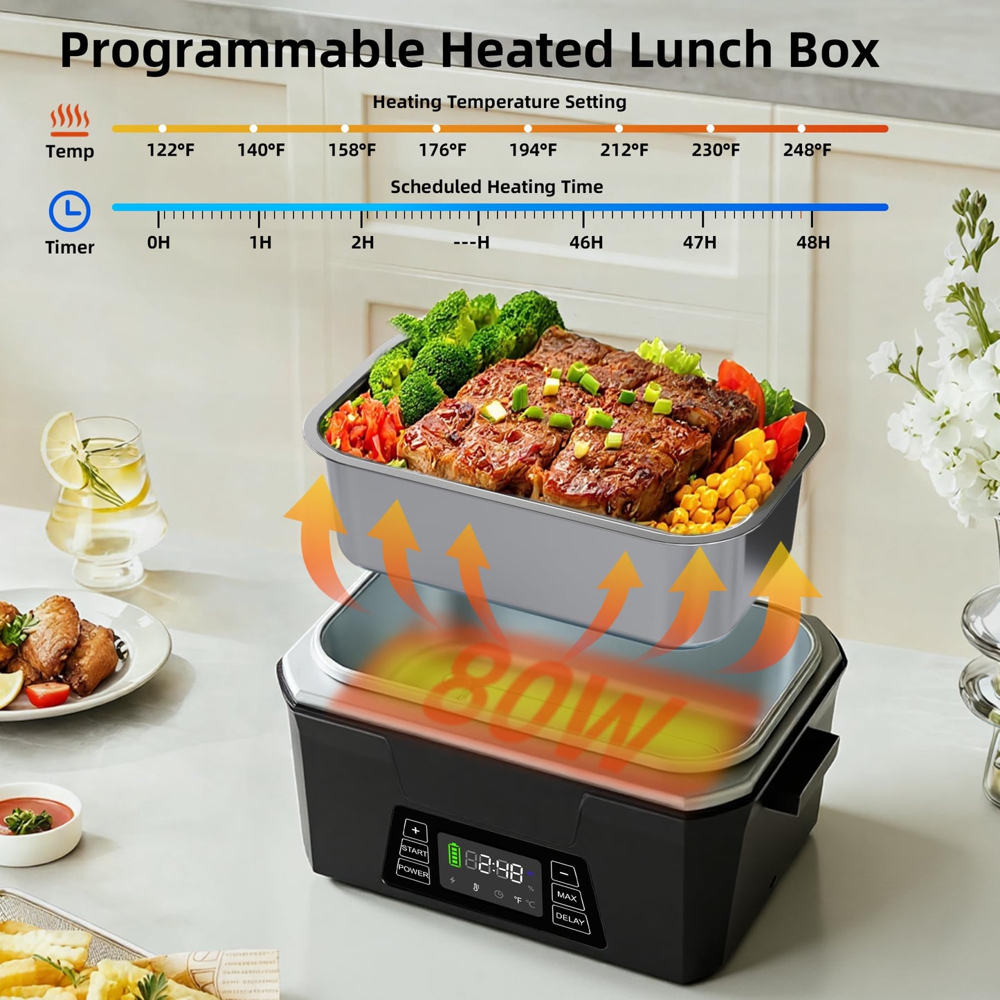 Vabaso Cordless Electric Lunch Box for Adults, App Control Heated Lunch Box with 27000mAh Detachable Battery, 1.2L Self Heating Lunchbox with Timer, Memory & Auto Keep Warm for Work Travel Outdoor
