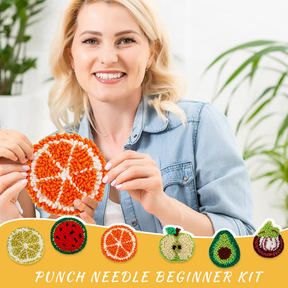 Yaomiao 6 Pcs Fruit Punch Needle Coaster Kit Punch Needle Embroidery Kits Craft Supplies with Patterns Yarns Tools Adhesive Felt Embroidery Hoop Instruction Holder for Adult DIY