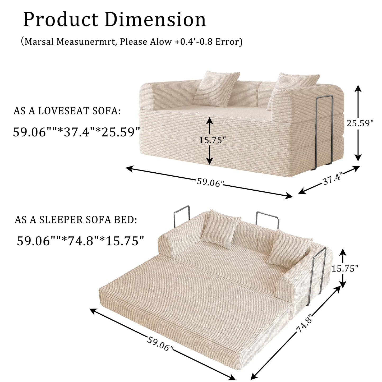 HouseMila 59" Boneless Couch,4-in-1 Futon Sofa Bed Modular Loveseat Sleeper Folding Compressed Couch with Pillows,No Assembly Required Convertible Sofa Bed for Living Room Bedroom Guest Room,Beige