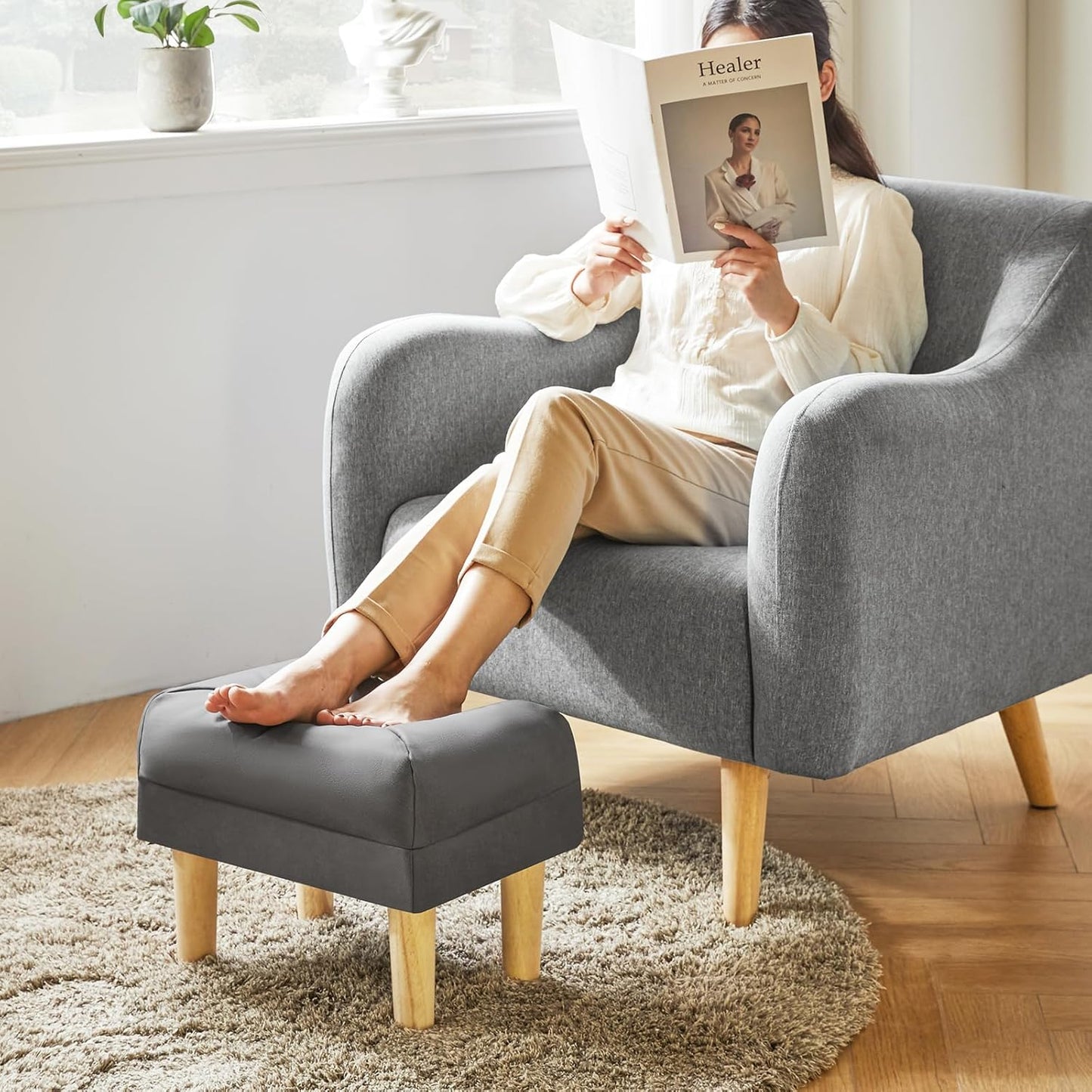 15.75" 11.42" W12.6" UHBD040BG YMYNY Small Footstool Ottoman, Faux Leather Footrest with Sponge Padded Seat, Step Stool