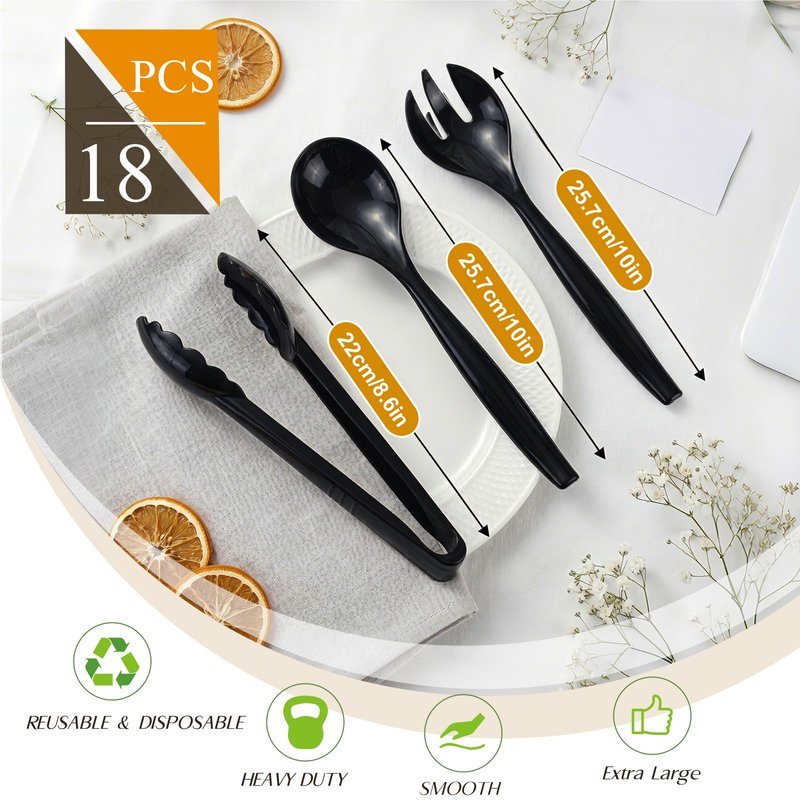 Mwellewm 18Pcs Serving Utensils, 10'' Plastic Serving Utensils Set, Disposable Serving Spoons for Buffet, Large Serving Tongs for Food, Heavy Duty Party Supplies for Salad Soup Cooking Catering(Black)