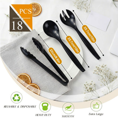 Mwellewm 18Pcs Serving Utensils, 10'' Plastic Serving Utensils Set, Disposable Serving Spoons for Buffet, Large Serving Tongs for Food, Heavy Duty Party Supplies for Salad Soup Cooking Catering(Black)